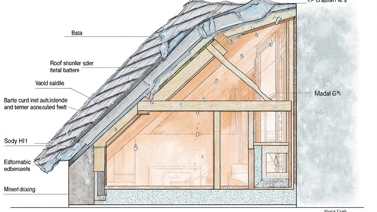 Разрез крыши с двумя перпендикулярными слоями войлока между обрешеткой и кровлей, влага и пар движутся по слоям.