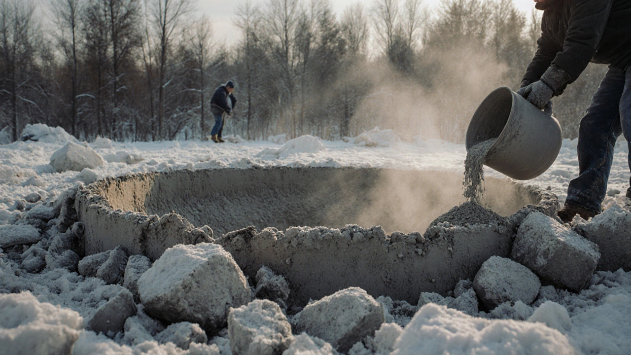 Разрушенный фундамент из чистого цемента на фоне строителей, заливающих правильный раствор.