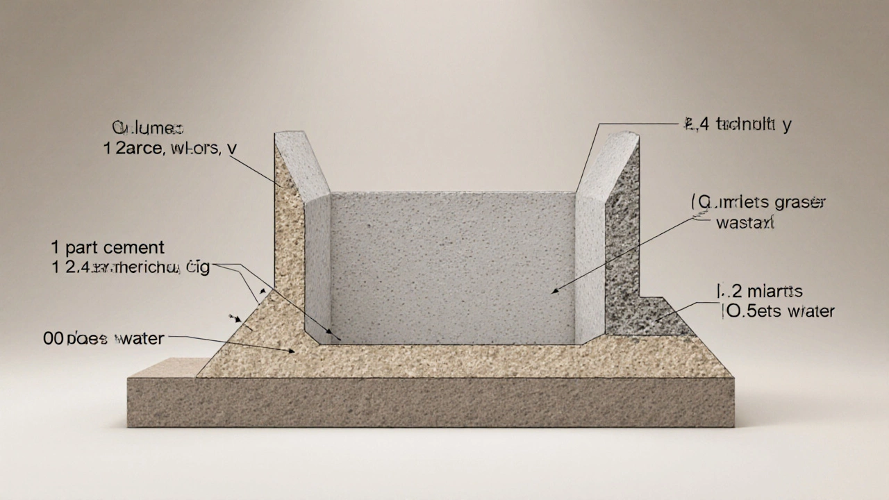 Схема пропорций бетона М200: цемент, песок, щебень и вода в соотношении 1:2,5:4,2:0,55.