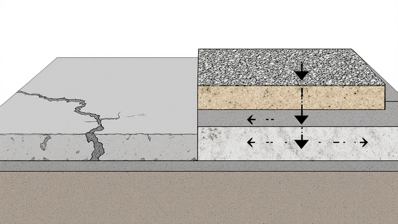 Схема распределения нагрузки: чистый цемент с трещинами и смесь с песком и щебнем.