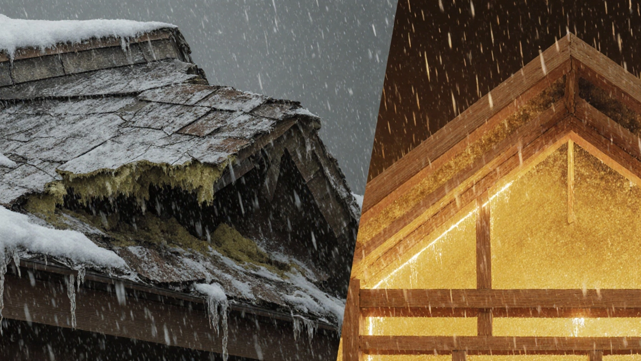 Сравнение разрушающейся крыши с одним слоем войлока и надежной крыши с тремя слоями под снегом.