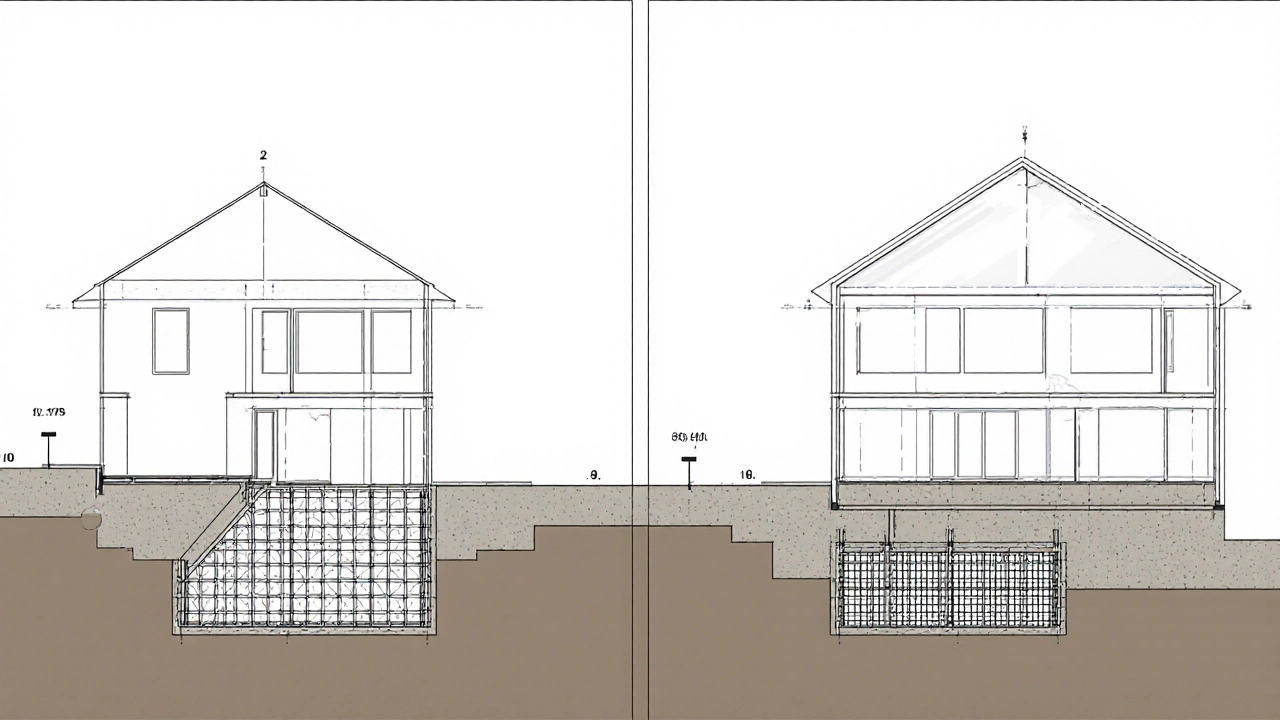 Сравнительный вид двух вариантов фундамента: ленточный и монолитная плита.