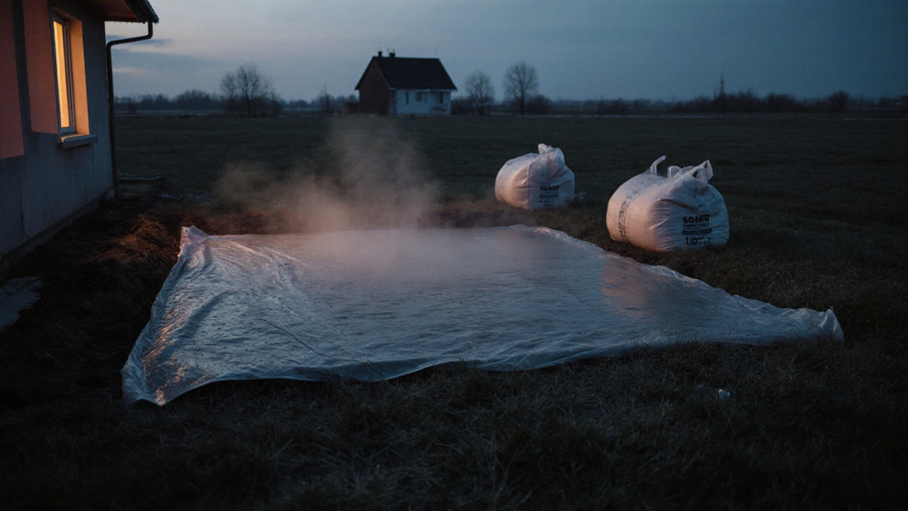 Залитый фундамент под пленкой на закате, рядом пустые мешки цемента, тихий российский двор.