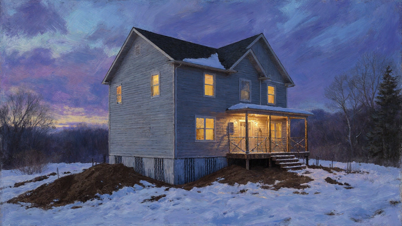 Завершённый двухэтажный дом на защищённом фундаменте под снежным покрытием.