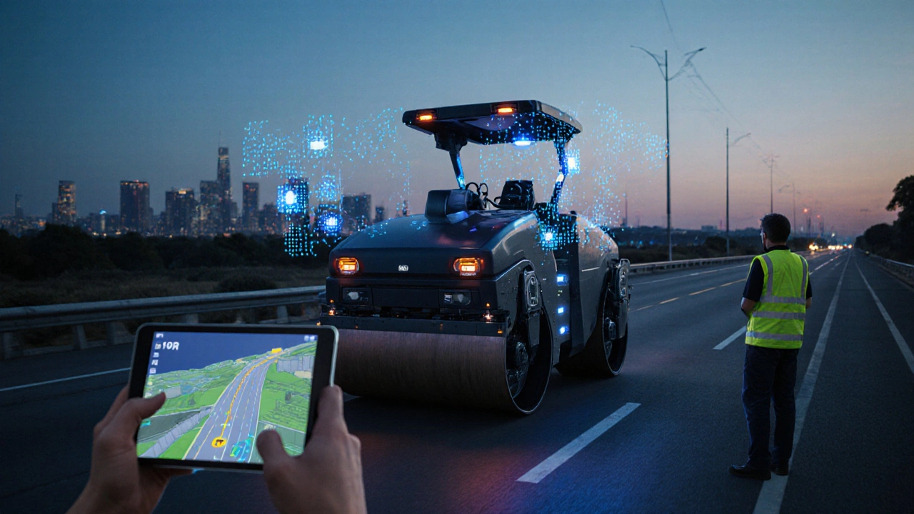 Автономный каток работает в сумерках с GPS-наведением, техник наблюдает за 3D-моделью дороги на планшете.