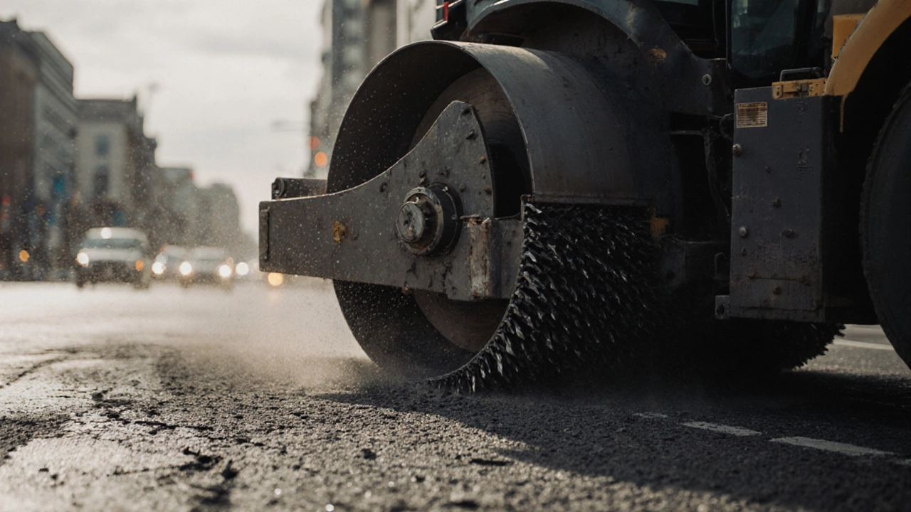 Фреза для дорог снимает старый асфальт с проезжей части, видны металлические резцы и разрушенное покрытие.