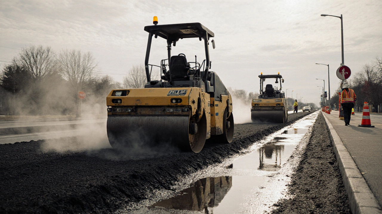 Каток уплотняет новый асфальт на широкой улице, параллельно движется второй каток, на заднем плане — городская среда.