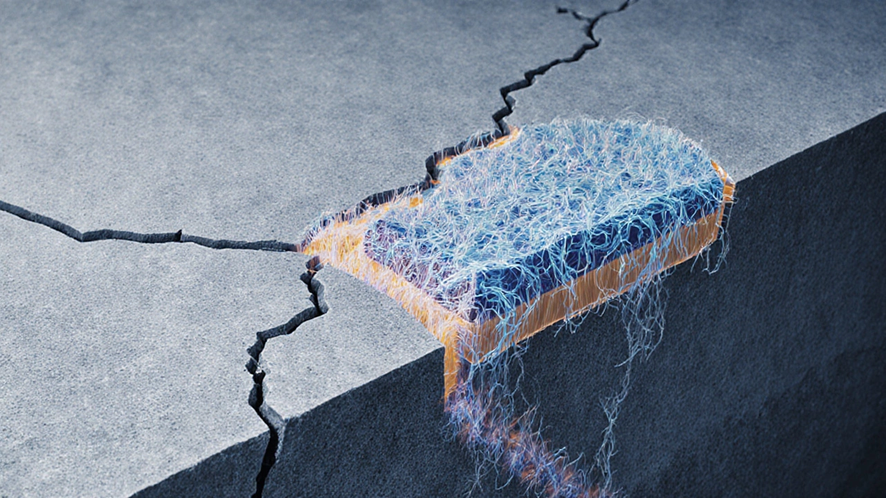 Микроструктура бетона с волокнами, останавливающими микротрещины.