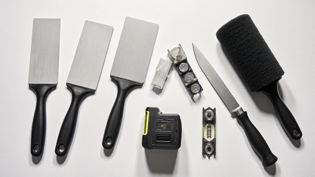 Минималистичный набор инструментов для отделки: шпатели, валик, крестики и нож на белой поверхности.