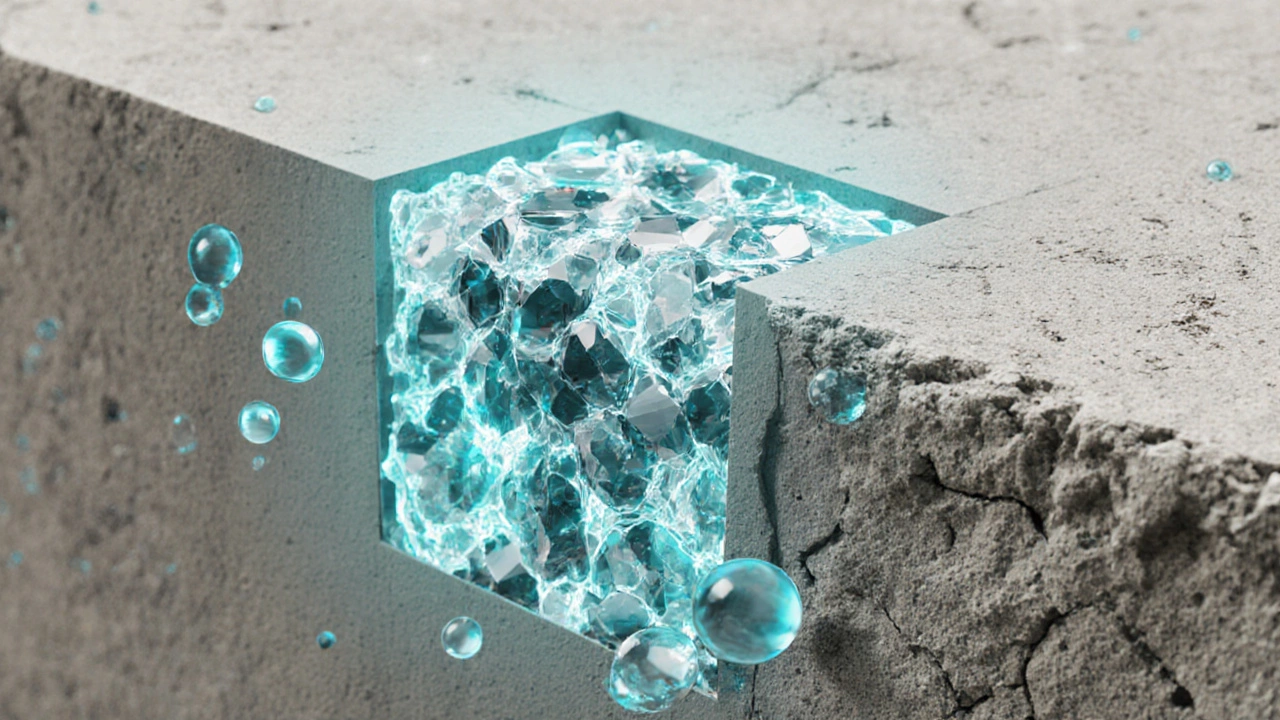 Молекулярная структура водостойкого бетона с кристаллами, блокирующими воду, рядом — разрушающийся обычный бетон.