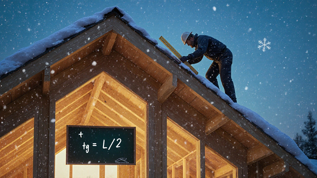Рабочий измеряет угол наклона кровли клинометром, на доске — формула расчета уклона.