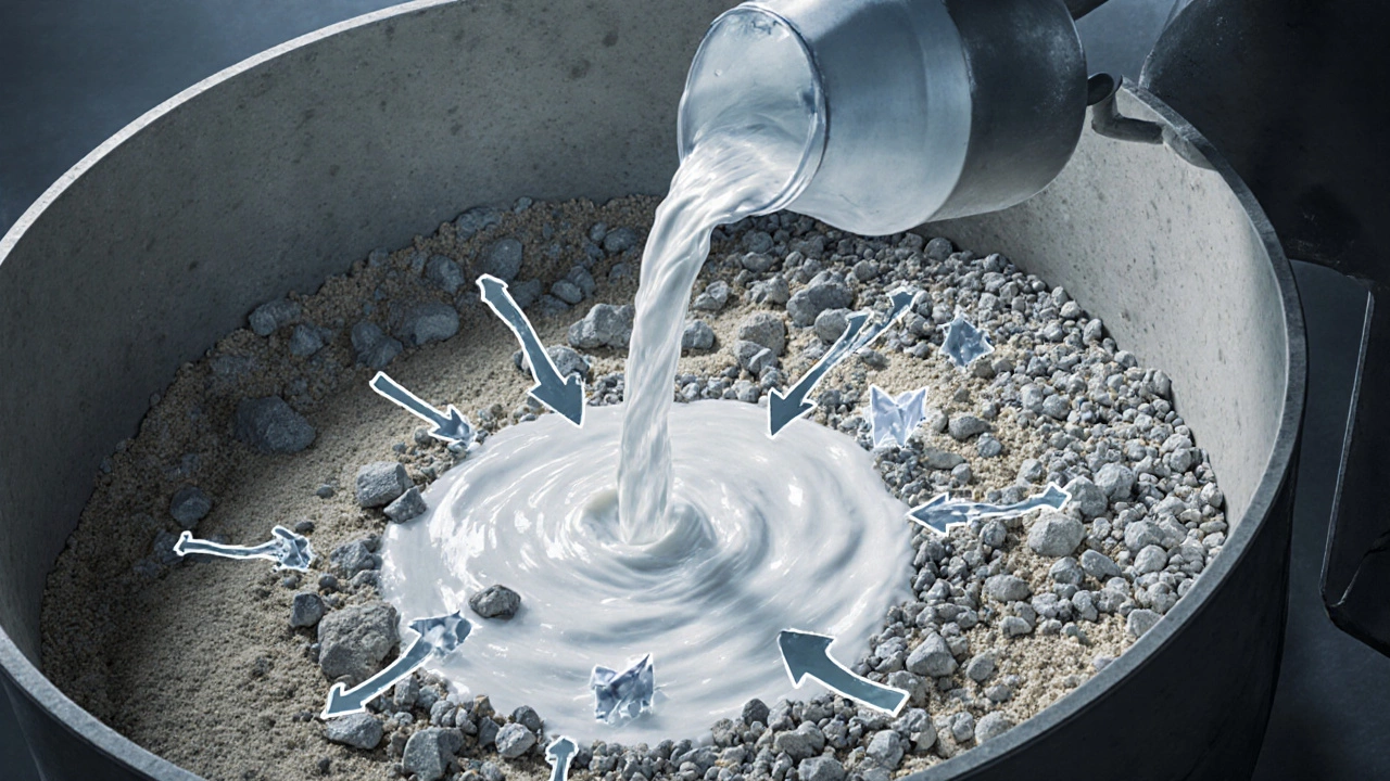 Работа бетономешалки: сухие заполнители смешиваются с водой, образуя однородную смесь с видимыми частицами щебня.