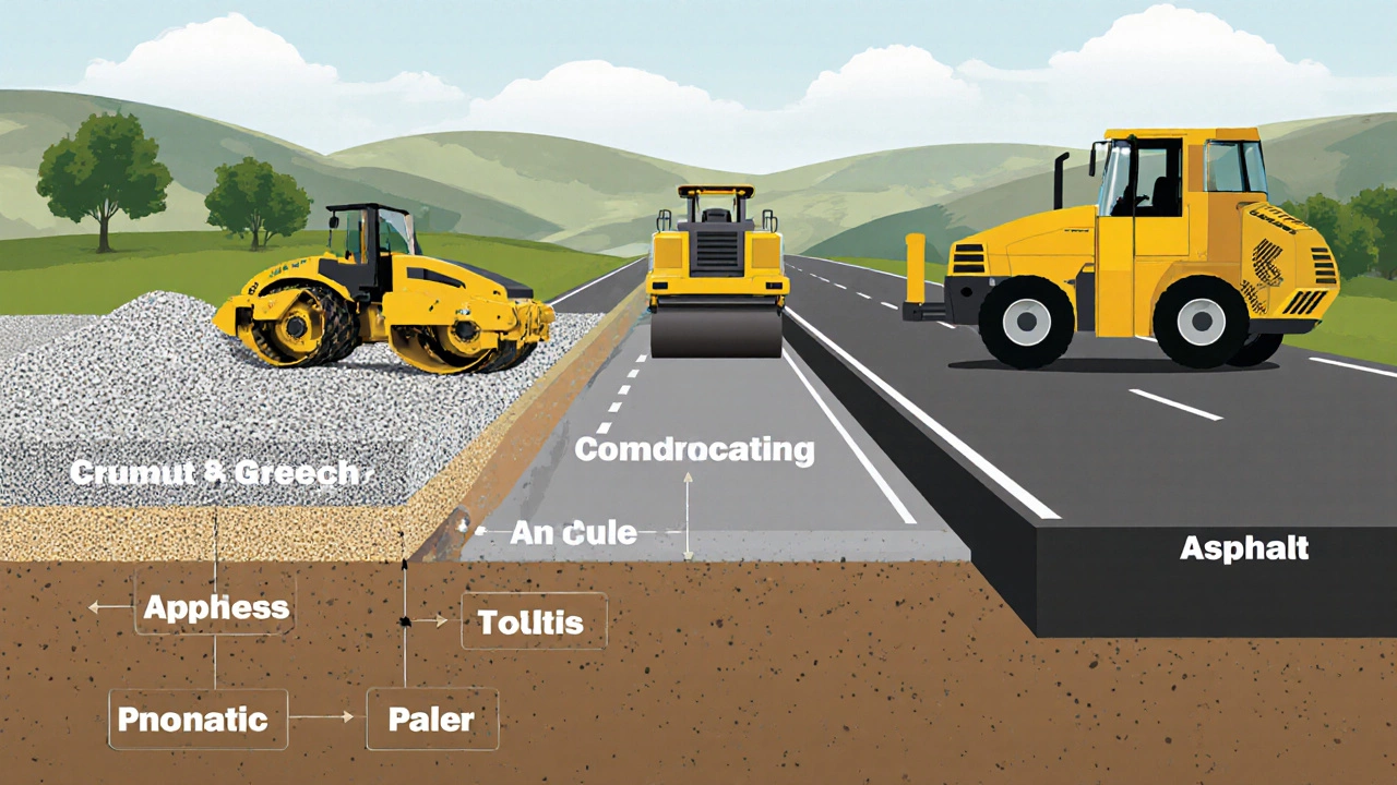 Разрез дороги с слоями щебня, грунта и асфальта, с обозначенными машинами: грейдер, каток и укладчик.