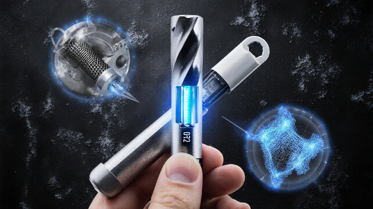 Рука держит биту Torx с прозрачными слоями, показывающими работу метчика, микрометра и динамометрического ключа.