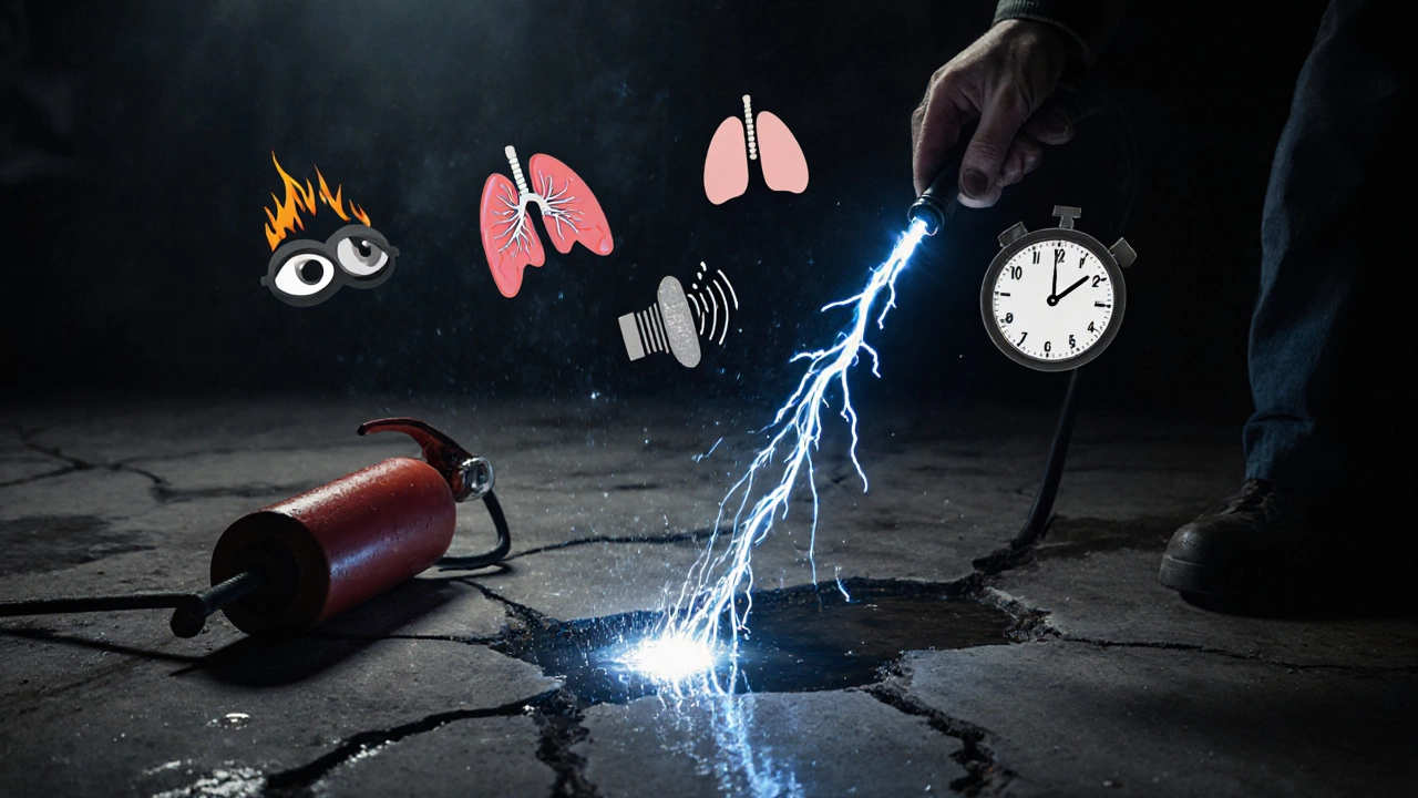 Рука сварщика держит повреждённый кабель, рядом — неиспользованный огнетушитель и мокрый пол.