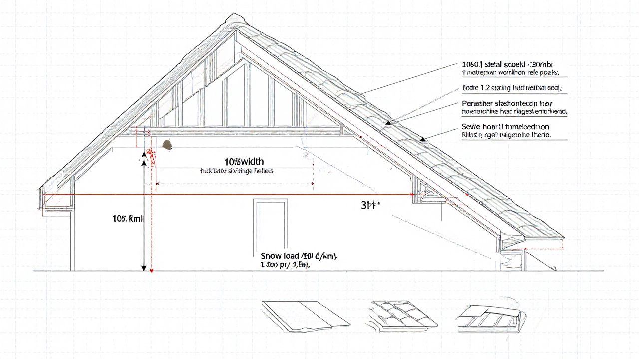 Схема крыши с размерами: ширина 10 м, высота конька 3 м, угол 31 градус, с обозначениями снеговой нагрузки.