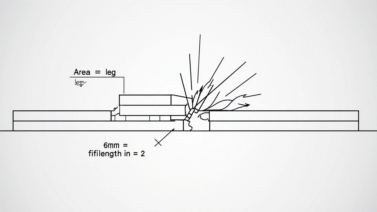 Схема углового сварного шва с обозначением катета и формулы расчета площади.