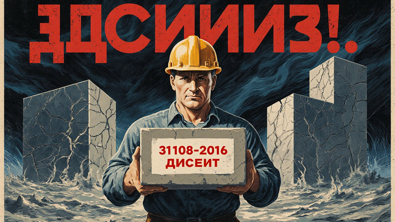 Советский пропагандистский стиль: строитель держит водостойкий цемент, за ним — сухие фундаменты против затопленных стен.