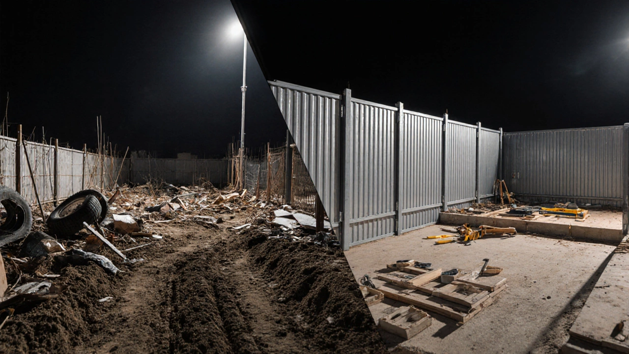 Сравнение хаотичной и упорядоченной стройплощадки: без забора и с забором.