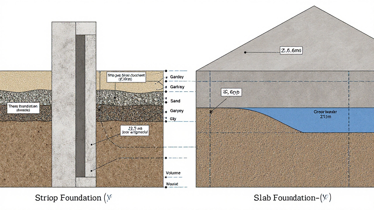 Сравнение поперечных сечений ленточного и плитного фундамента под дом 8х8 м с указанием объемов бетона.