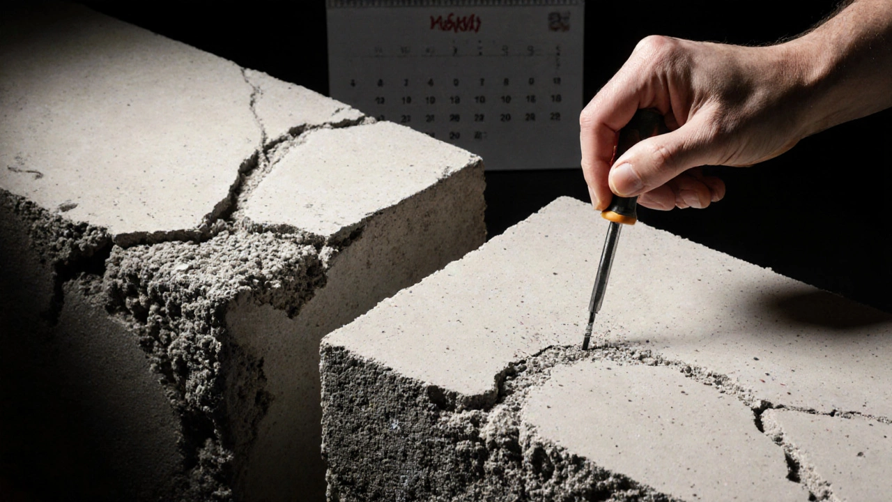 Сравнение треснувшего и прочного бетона: отвертка не оставляет следа на качественном образце.