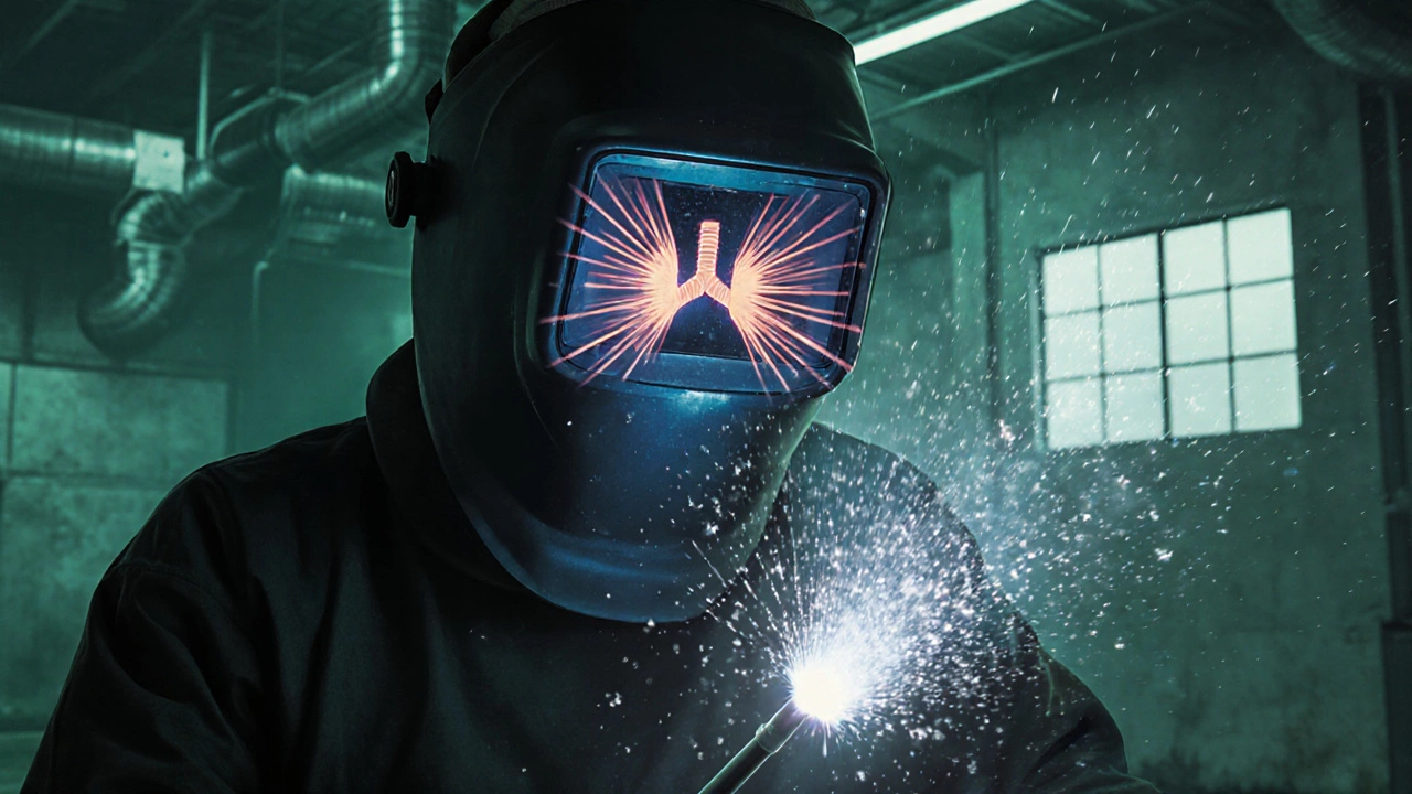 Вид через маску сварщика: ультрафиолетовые волны и металлические частицы проникают в лёгкие.