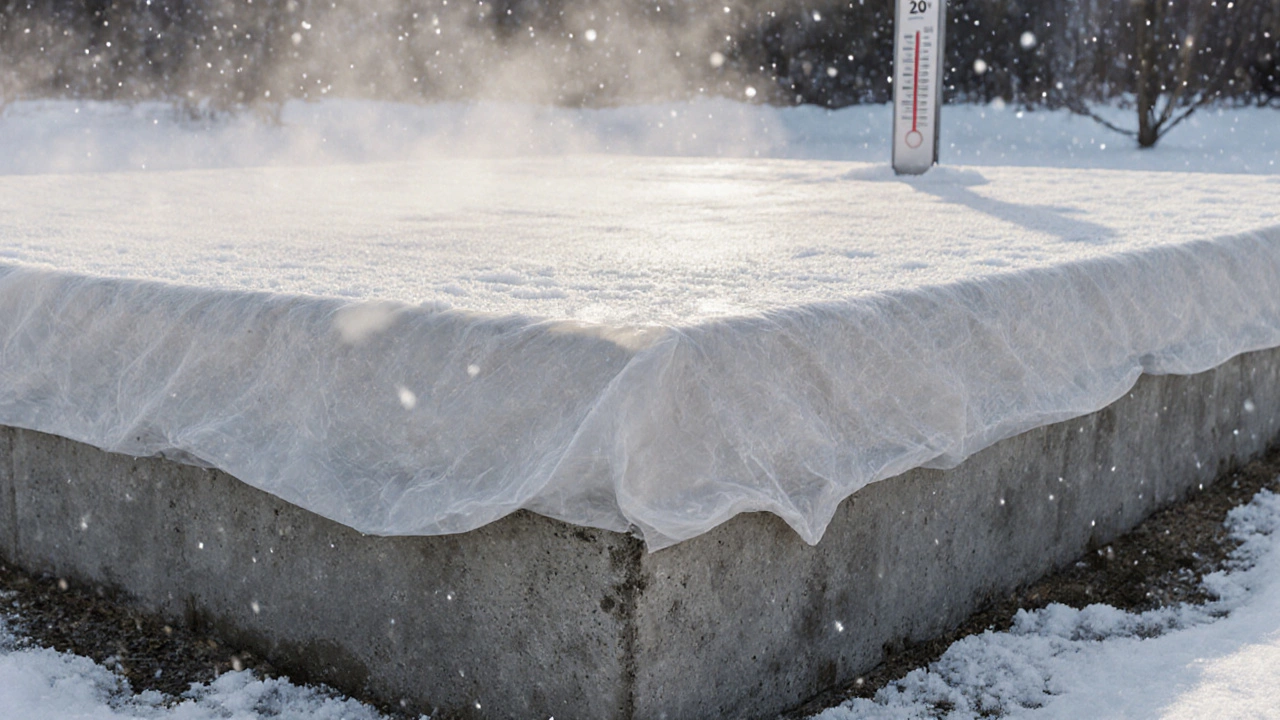 Залитый фундамент под снегом, укрытый плёнкой для медленного высыхания.
