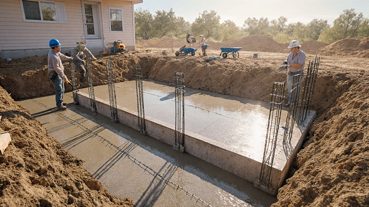 Заливка фундамента дома и забора одновременно, рабочие устанавливают столбы.