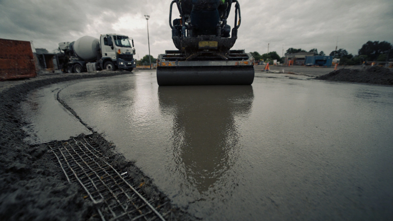 Заливка плитного фундамента: рабочие выравнивают бетон, видна арматура, поверхность влажная, на заднем плане бетономешалка.