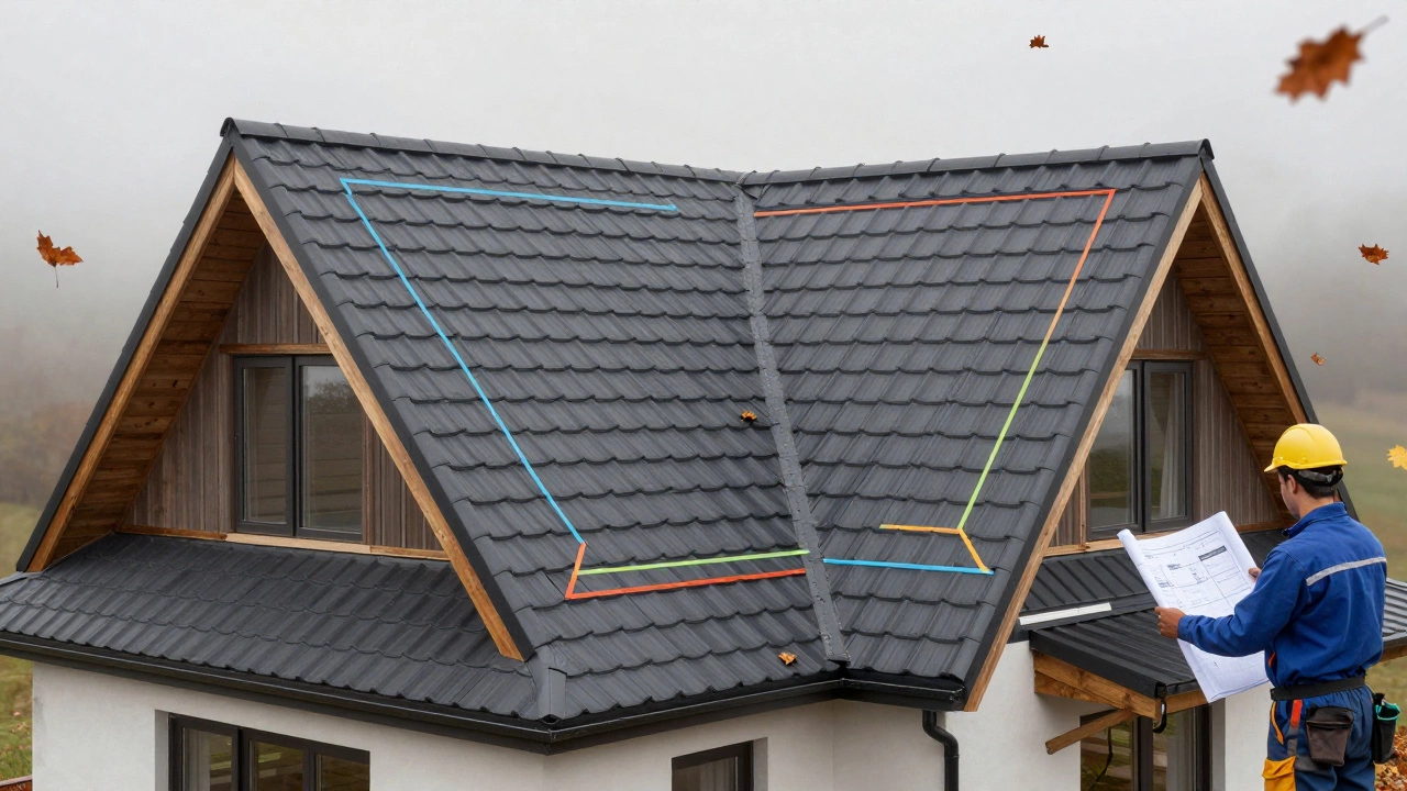 Четырехскатная крыша разбита на треугольники и трапеции с цветовыми контурами.