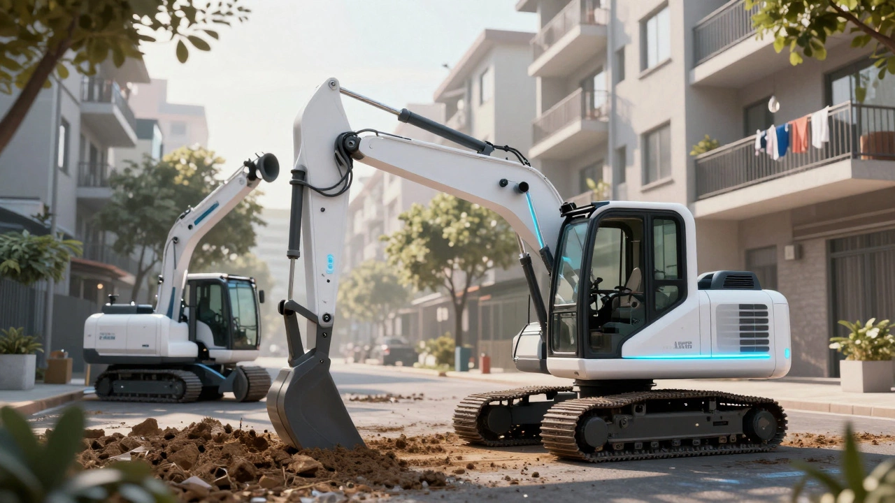Электрический экскаватор с голографическими линиями точно выравнивает землю в городской среде.