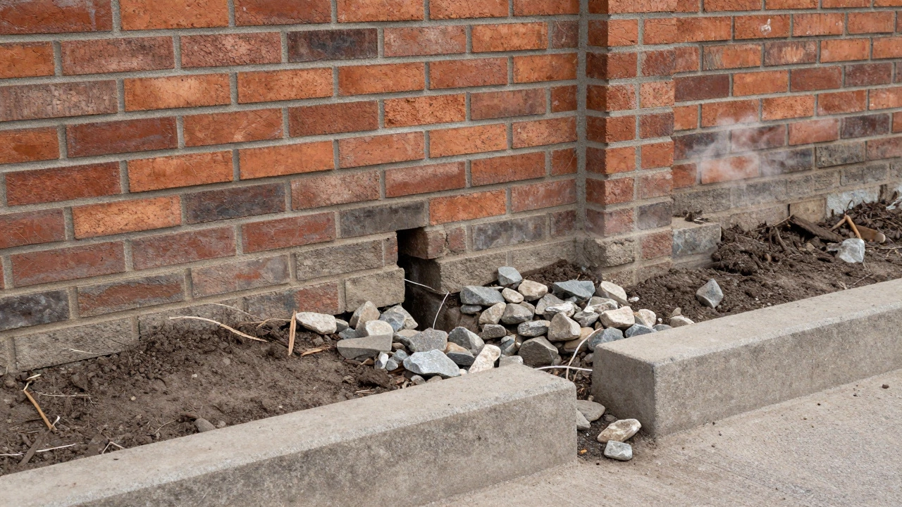 Кирпичный забор с зазором 3-5 см и отмосткой, под ним — щебень, влага не поднимается.