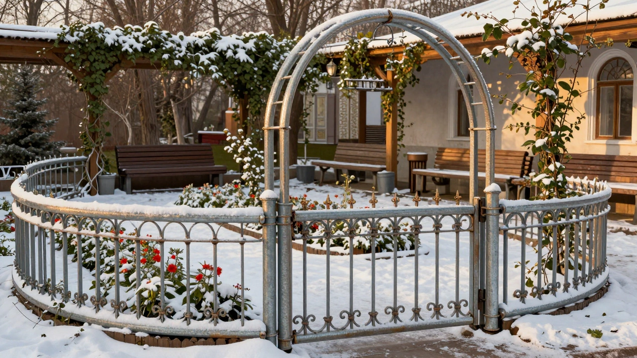 Круглая труба с арками и ковкой, вплетённая в садовый ландшафт.