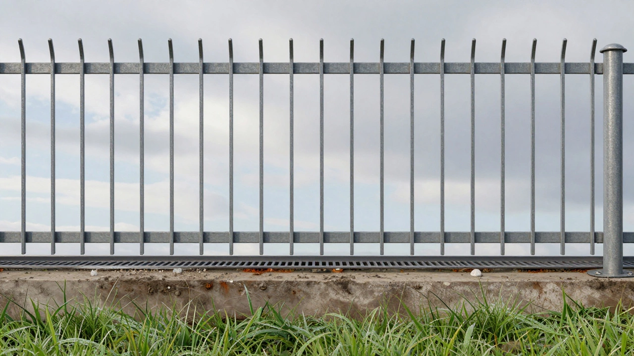 Металлический забор из профнастила с зазором 5-7 см, под ним — дренажная лента, без ржавчины.