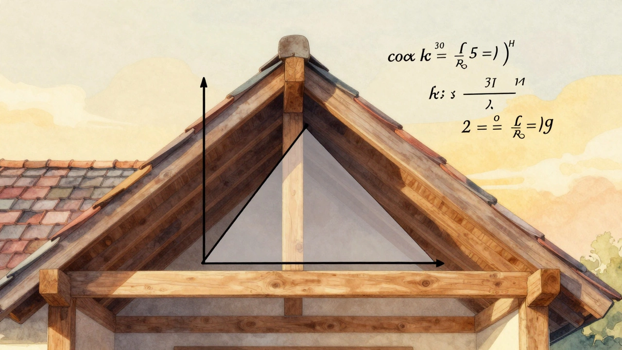 На крыше показаны геометрические расчеты по теореме Пифагора для двускатной крыши.