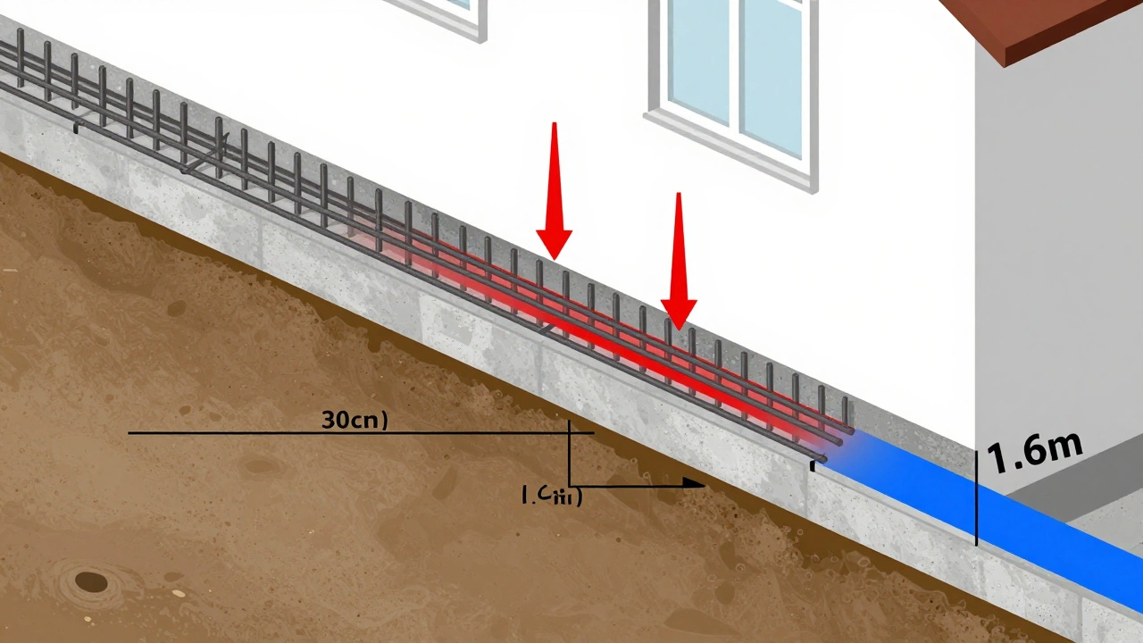 Поперечный разрез ленточного фундамента с обозначенными слоями грунта, бетона, арматуры и нагрузками, показывающий глубину промерзания.