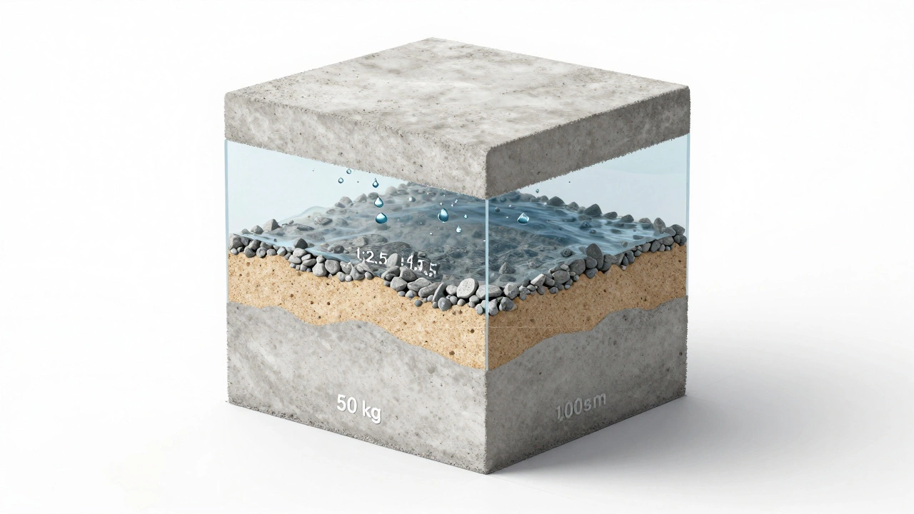 Прозрачная модель бетона: цемент, песок, щебень и вода сжимаются в 0,05 м³ бетонного блока.