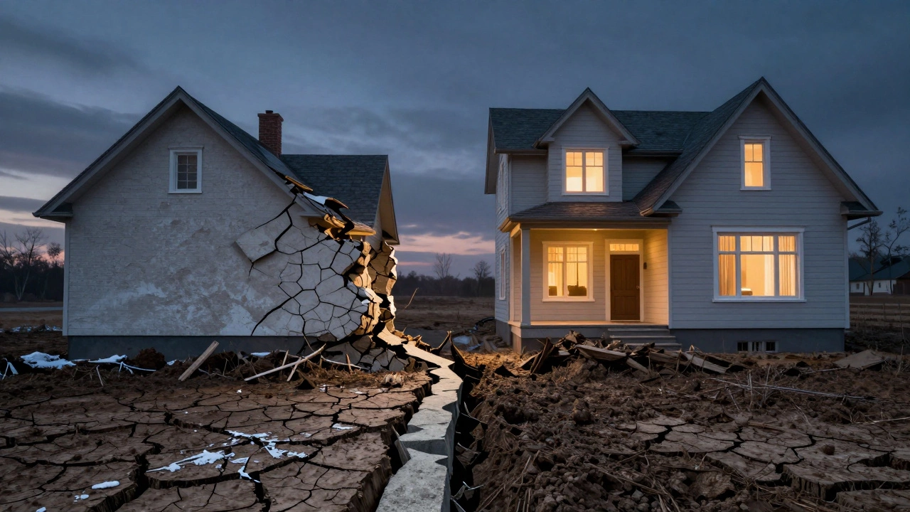 Разрушающийся дом на узком фундаменте рядом с устойчивым домом на широком фундаменте, символизирующий последствия ошибок в расчетах.