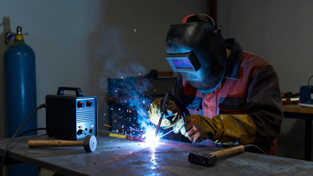 Рука сварщика держит электрод под углом 45 градусов к металлу, виден светящийся сварочный шов, рядом лежат щётка и молоток.