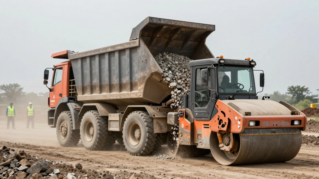 Самосвал разгружает щебень, за ним — виброкаток уплотняет поверхность, пыль поднимается в воздух.