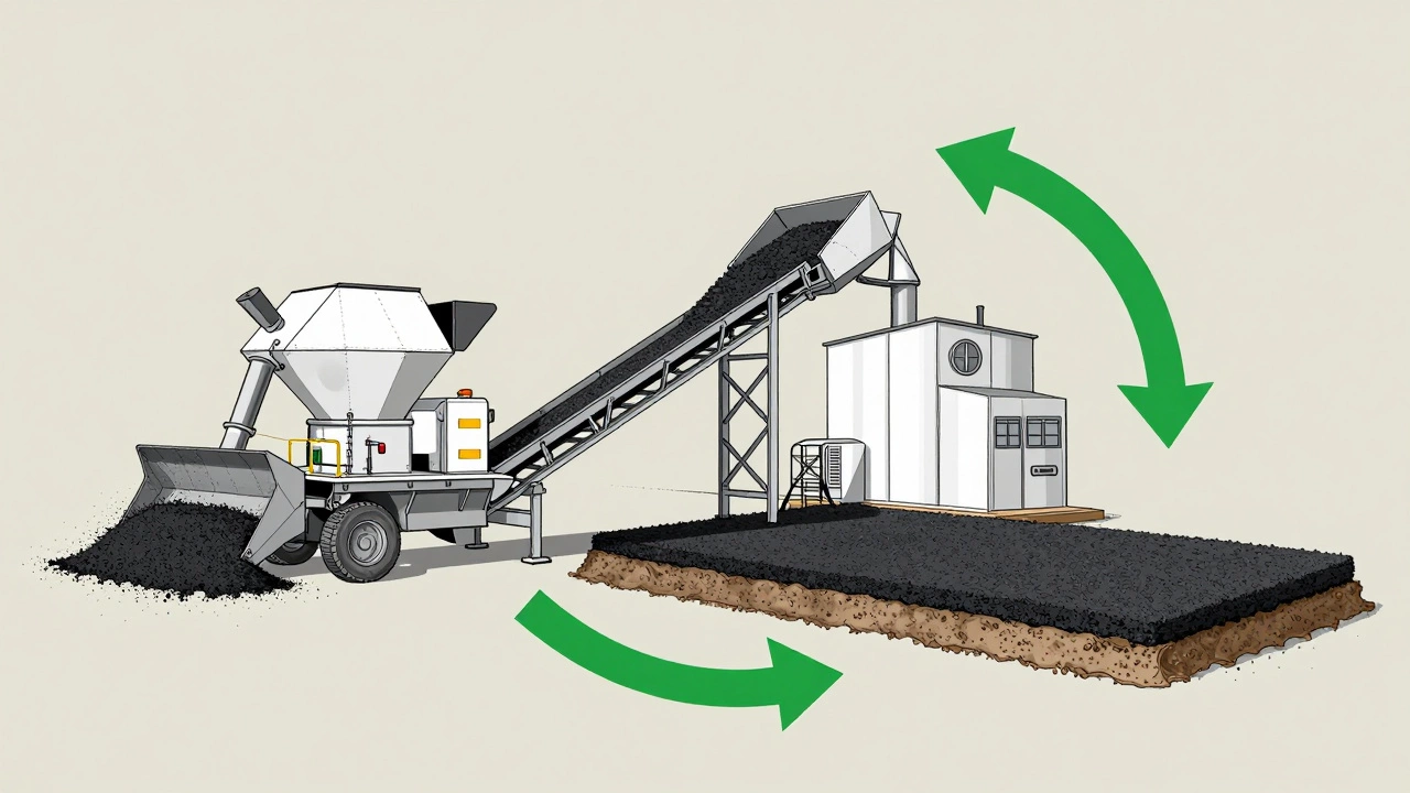 Схема переработки асфальта: снятие, транспортировка и повторное использование материала в виде кругового цикла.