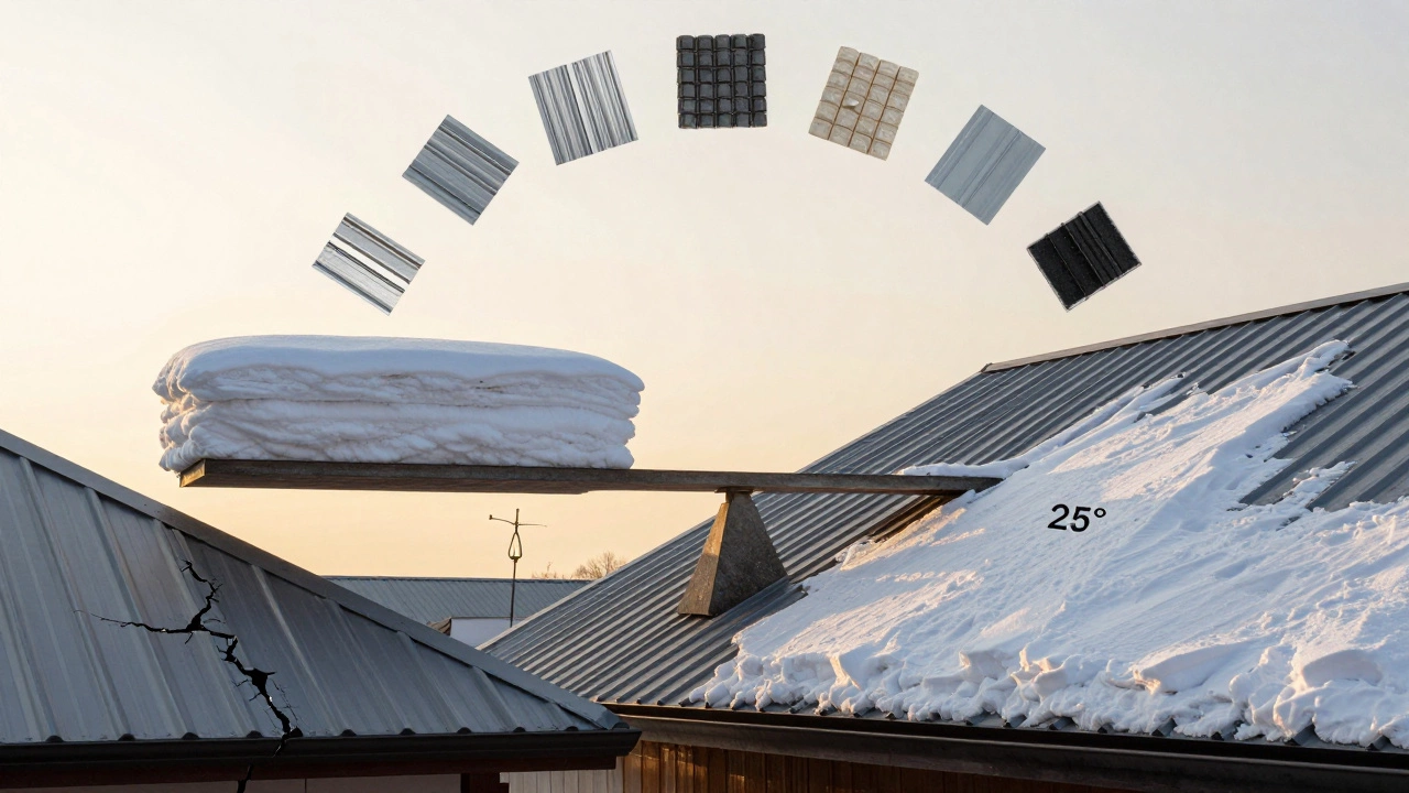 Сравнение снежной нагрузки на крутой и пологой крыше: снег соскальзывает или накапливается.