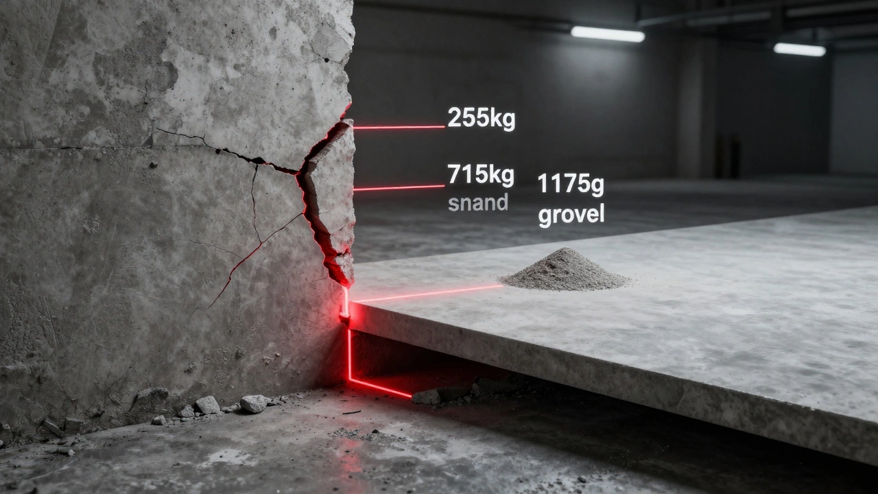 Сравнение треснувшего и идеального бетона с указанием правильных пропорций.