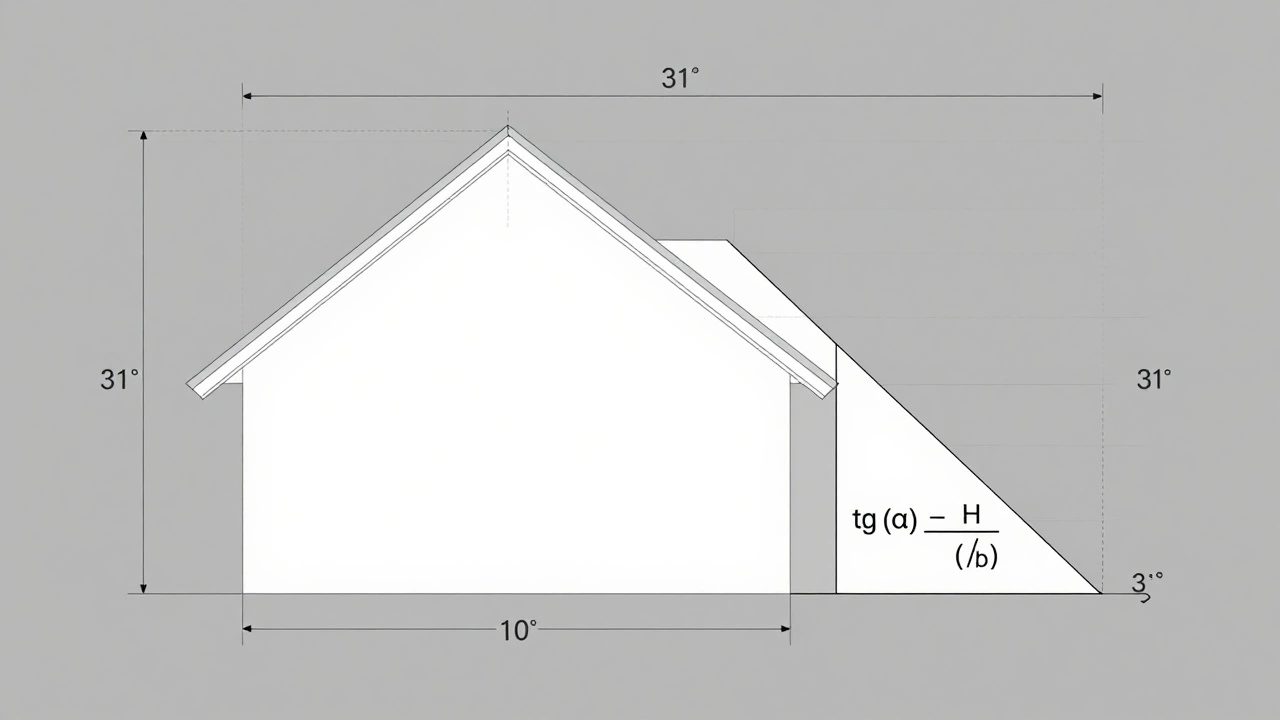 Технический чертёж крыши с треугольником и формулой расчёта уклона: tg(α) = H / (L/2).