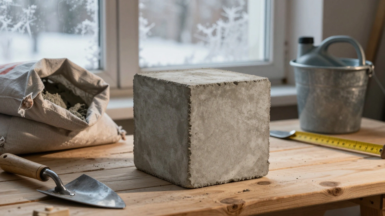 Тестовый кубик бетона на столе рядом с мешком цемента, зимний фон, инструменты вокруг.