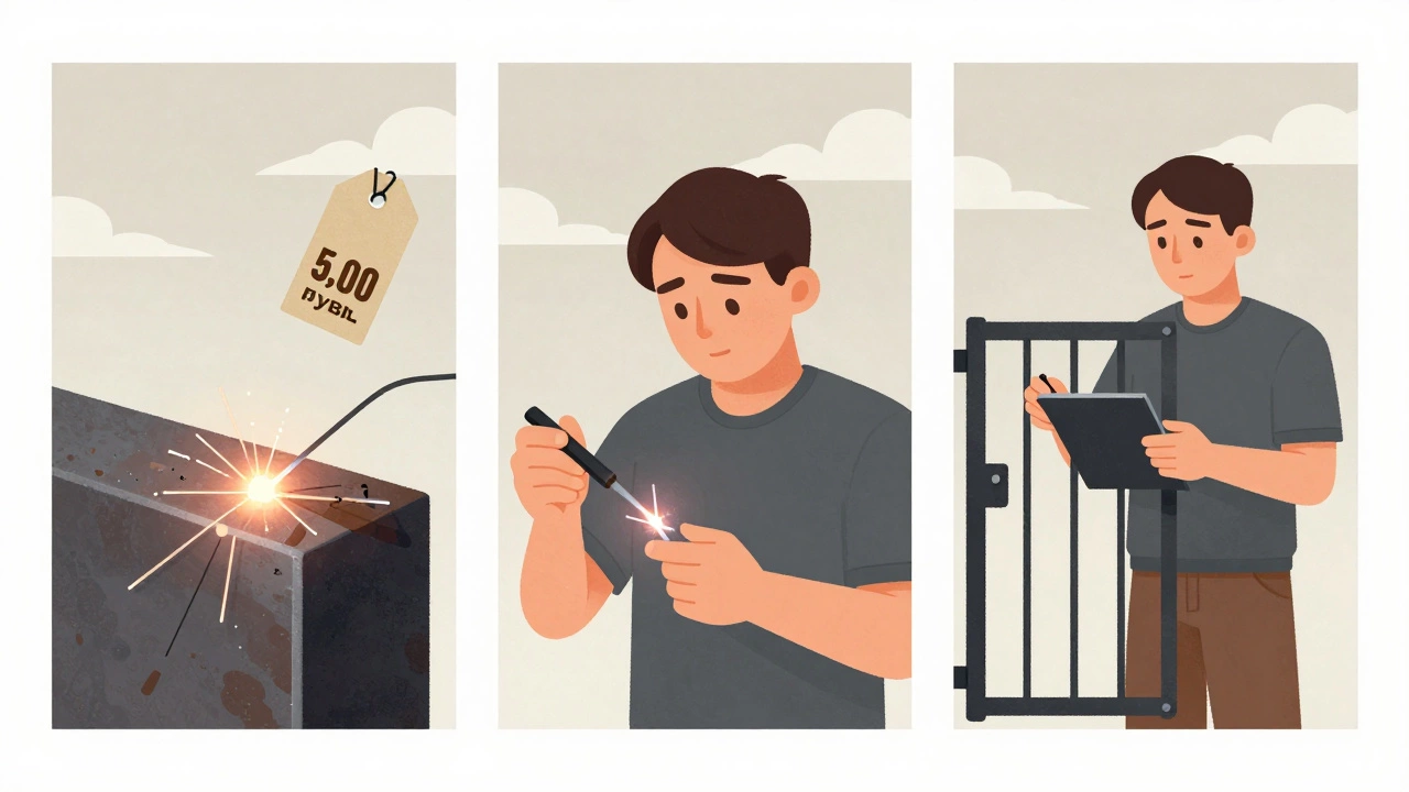 Три сцены пути новичка: кривой шов — чистый шов — прочная калитка, символизирующие прогресс в сварке.