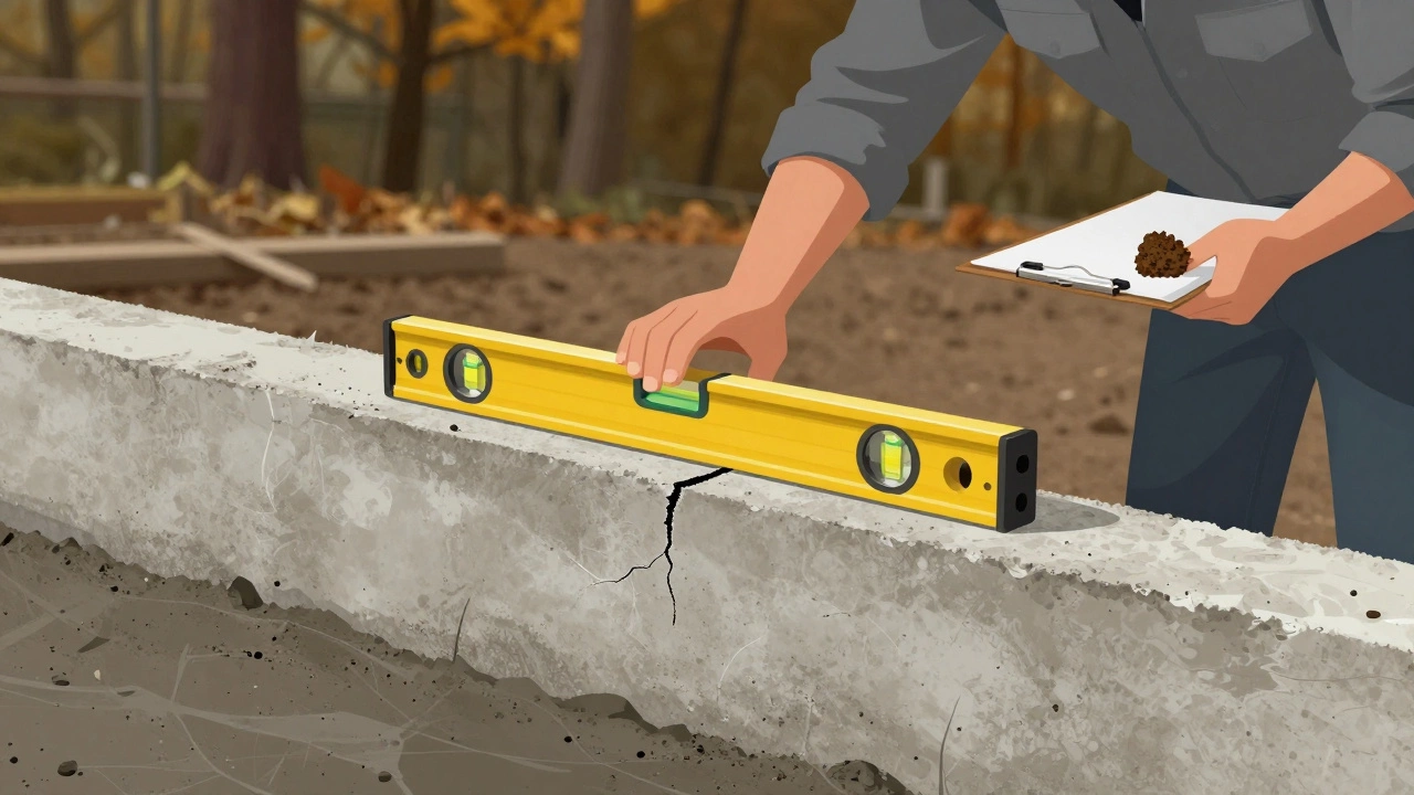 Владелец дома проверяет горизонтальность фундамента уровнем, рядом — инженер с образцом грунта и трещиной на бетоне.