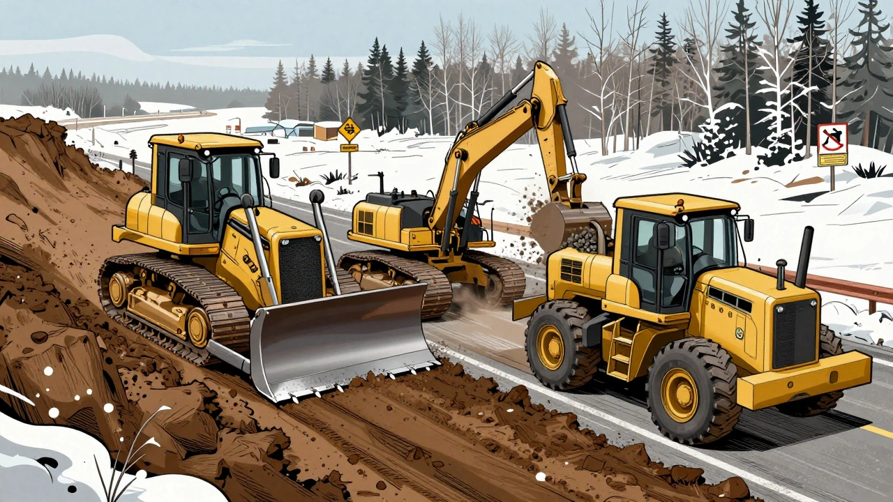 Бульдозер, экскаватор-погрузчик и грейдер работают на стройке в зимнем пейзаже.