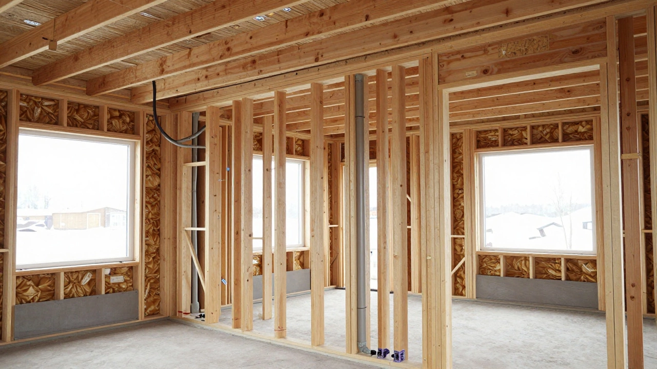Частично построенный каркасный дом с видимыми утеплителем и проводкой в стенах.