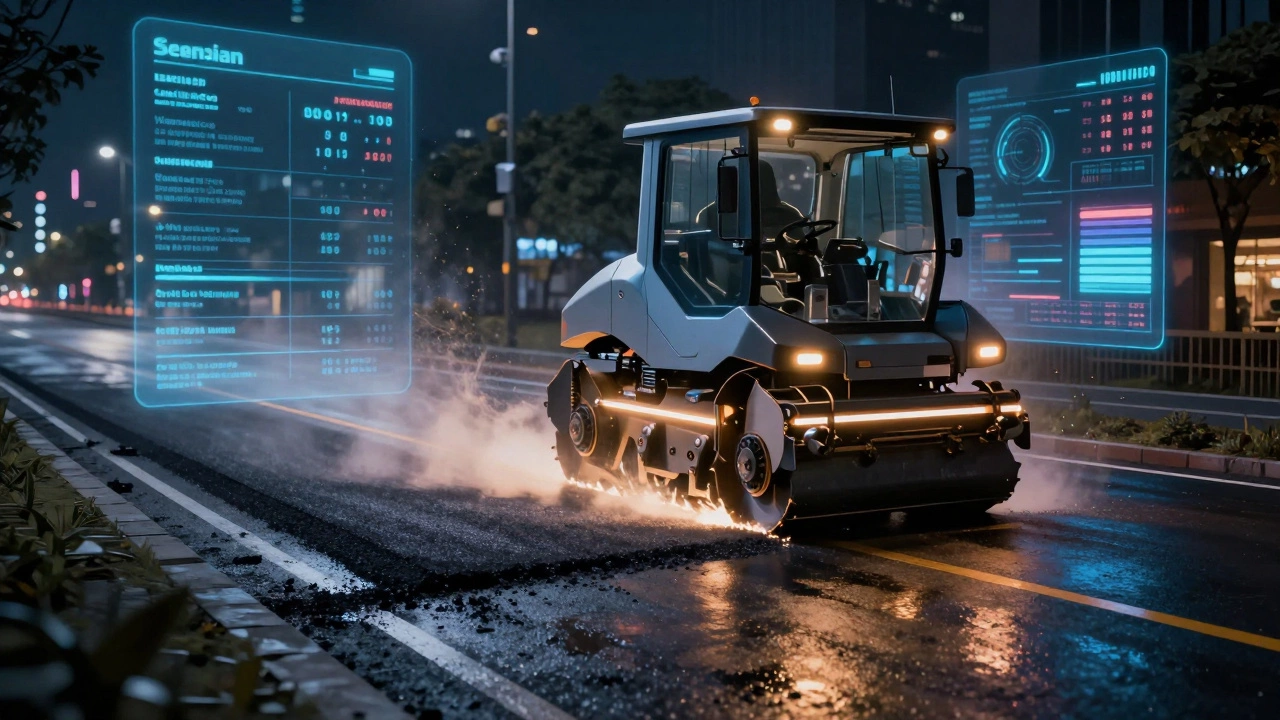 Фреза для асфальта снимает старое покрытие при ночном освещении с цифровыми данными в воздухе.